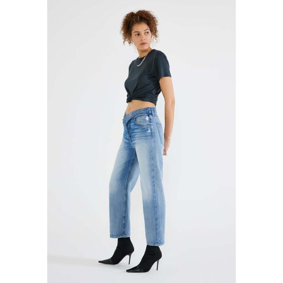 Blue Denim Etica Asymmetrical Crossover Waist Cropped Straight Leg Jeans (NWT) - Picture 2 of 5